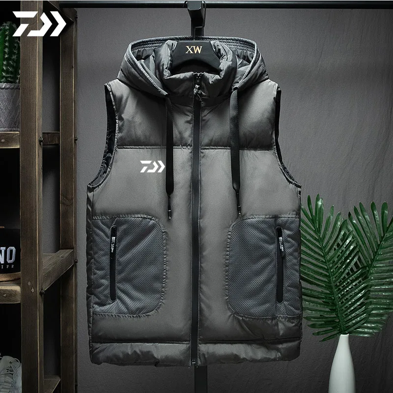 Daiwa Рыболовный Жилет Куртка мужская хлопок толстый теплый Карманный жилет осень зима без рукавов куртка с капюшоном однотонная одежда на открытом воздухе