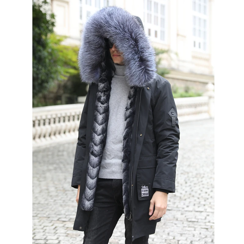 

Maylofuer Men Parka Detachable Rabbit Fur Chinchilla Coat with real and natural silver fur collar Fashion Hooded Male Jacket