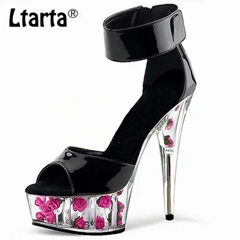 

LTARTA 15cm Heels Patent Leather Classic Buckle Fish Mouth Rose Bag With Crystal Sandals Bag With Velcro Super High Heels LYP