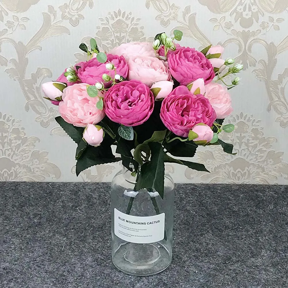 30 см розовый Искусственный Пион из шелка Букет цветов 5 большая голова и 4 бутона дешевые искусственные цветы для дома Свадебные украшения в помещении