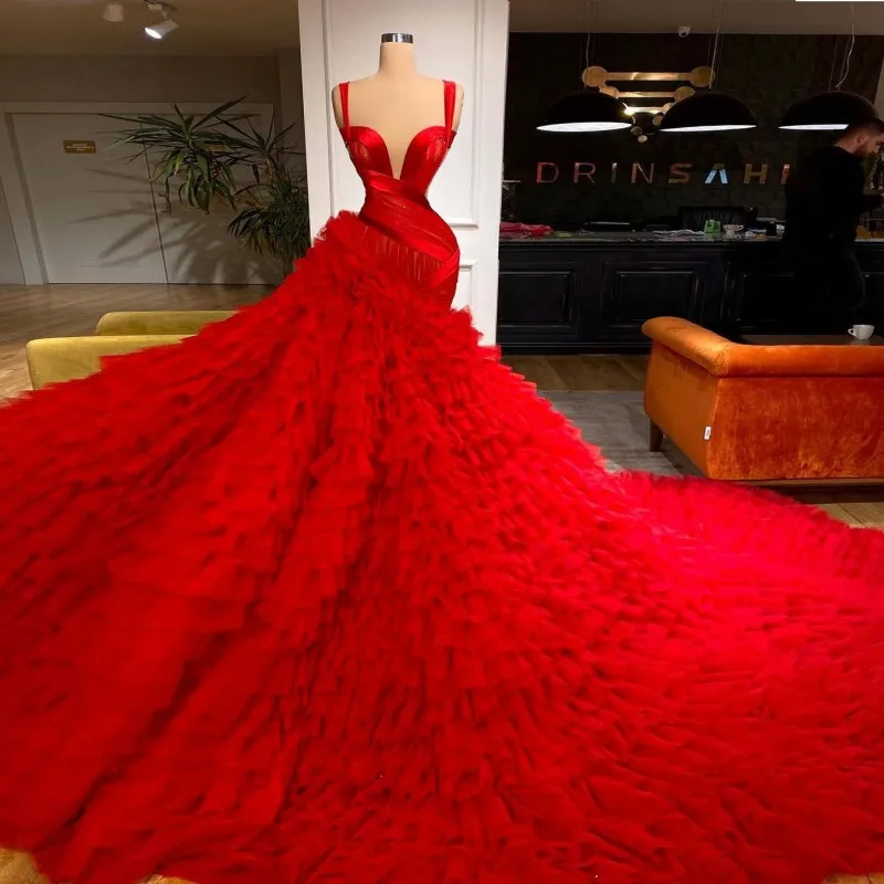 Red-Spaghetti-Satin-And-Tulle-Evening-Gowns-Tiered-Puffy-Sweep-Train ...