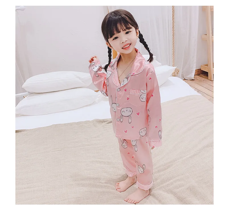 Girls Pajamas Autumn Winter Long Sleeve Children's Sleepwear Set Silk Pajamas Suit Boys Pyjamas Sets for Kids Tracksuit - Color: Pink
