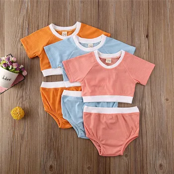 

Baby Boys Girls Summer Clothing Newborn Kids Baby Ribbed Knitted Short Sleeve T-shirts+Bottom Shorts Children Casual Tracksuits