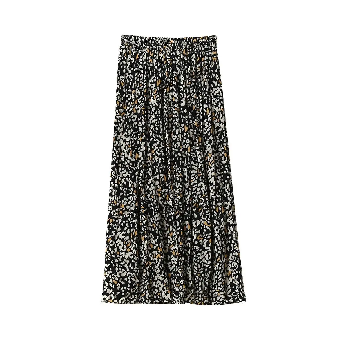 Шифоновая юбка с цветочным принтом женская плиссированная юбка средней длины с высокой талией винтажная трапециевидная пляжная длинная юбка размера плюс осень весна - Цвет: Черный