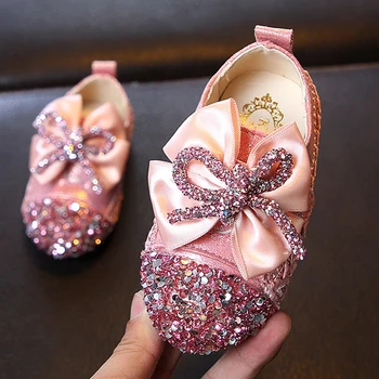 

ULKNN New girls leather shoes round head baby square mouth shoes girls sweet soft bottom flowers princess shoes