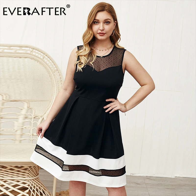 

EVERAFTER Plus Size Mesh Patchwork Dress Women O-Neck Sleeveless Striped Draped Sexy Transparent Elegant Chic Summer Party Dress