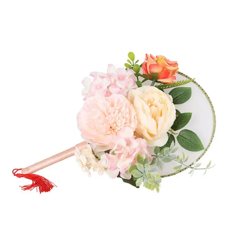 

Chinese Style Round Hand Fan 3D Artificial Flowers Decorative Fans For Wedding Costume Accessories, Photography Props PL