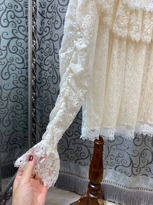 High Quality Lace Blouses Autumn Tops Shirt Women Turtleneck Ruffles Patchwork Long Sleeve Sexy Lace Shirt Blusas Feminino