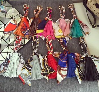 

2020 Leather Tassel Satin Silk Scarves Keychain Bowknot Scarf Pendant Car Purse Bag Keyring Holder HandBag Key Ring Chains Girls