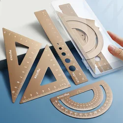 Règle en métal pour étudiants, ensemble de règles en alliage d'aluminium, rapporteur, mesure des mathématiques pour enfants, règle d'échelle de dessin à trous ronds 