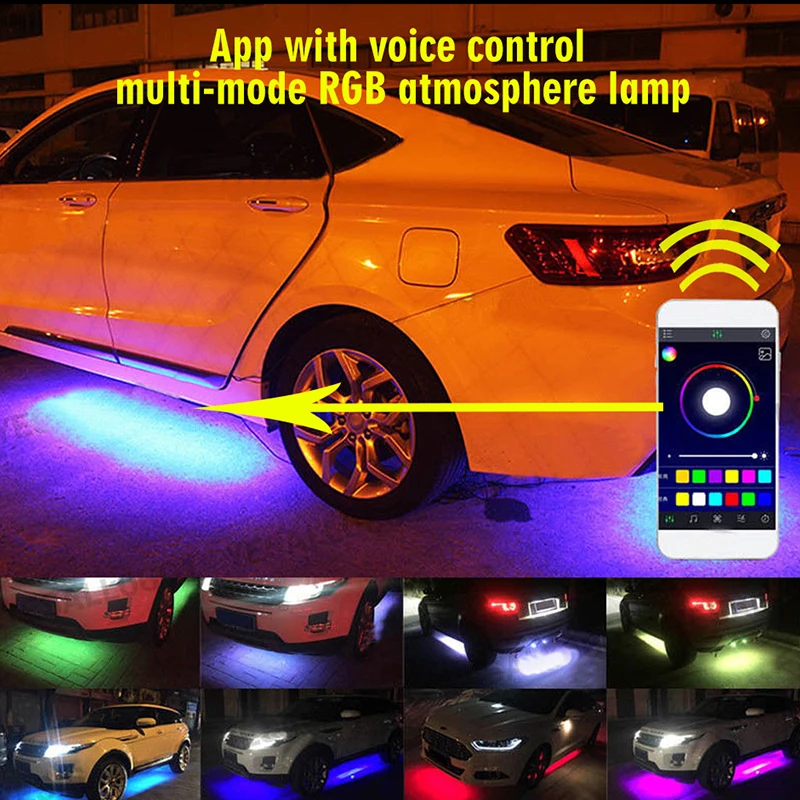 Автомобильные аксессуары 4xRGB окружающего атмосферу Светодиодные ленты света неоновый провод гибкий Декоративные светильники веревка приложение звук музыки для контроля давления