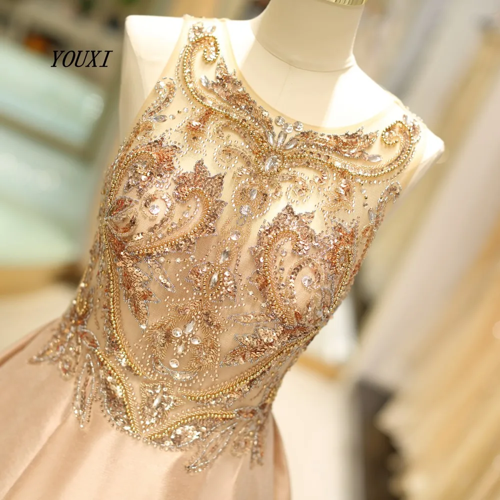 YOUXI роскошное Золотое вечернее платье великолепное шелковое атласное вышитое бисером хрустальные стразы длинное вечернее платье