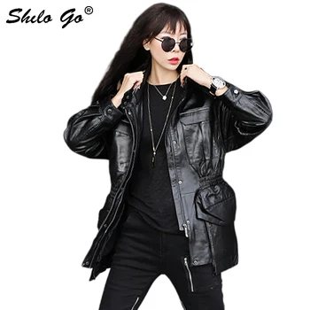 

Genuine Leather Jacket Safari Style Hooded Pocket Front Elastic Waist Drop Shoulder Sheepskin Coat Women Autumn Casual Outwear