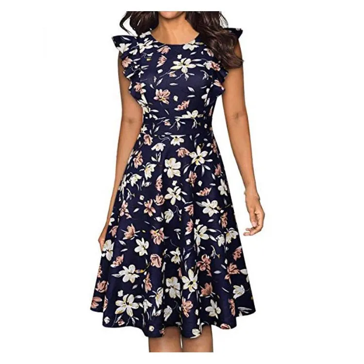 Mooie Zomer Vrouwen Vintage Floral Ruffle Jurk Ruches Sexy EEN Lijn Jurk Casual Beach Party Swing Jurken Mooie Zomer Vrouwen Vintage Floral Ruffle Jurk Ruches Sexy EEN Lijn Jurk Casual Beach Party Swing Jurken