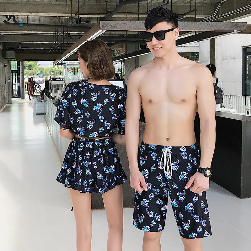 

Couples Swimsuit Set Skirt Split Type Four-piece Set Belly Covering Slimming Conservative Small Bust Gathering Holiday Hot Sprin