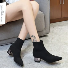 XZ064 Women Knitting Elastic Autumn Ankle Boots Square Middle Heels Female Pointed Toe Short Sock Boot Ladies Strench Women Boot цена XZ064 Women Knitting Elastic Autumn Ankle Boots Square Middle Heels Female Pointed Toe Short Sock Boot Ladies Strench Women Boot цены онлайн