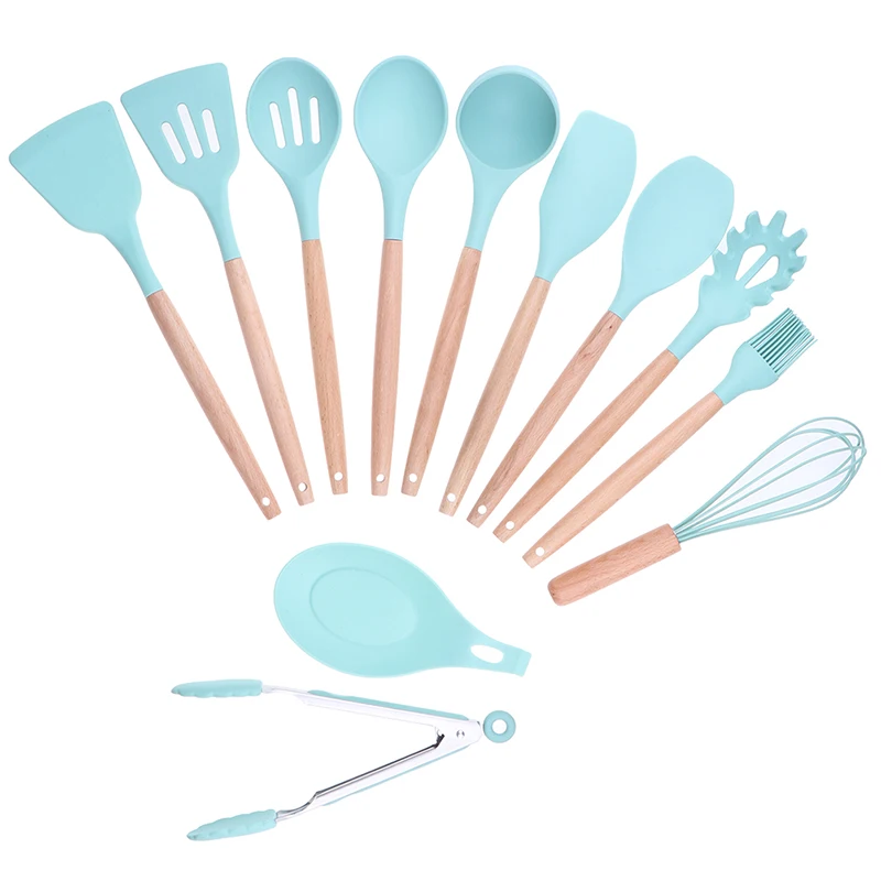 1PC Silicone Wood Turner Soup Spoon Spatula Brush Scraper Pasta Server Egg Beater Kitchen Cooking Tools Kitchenware