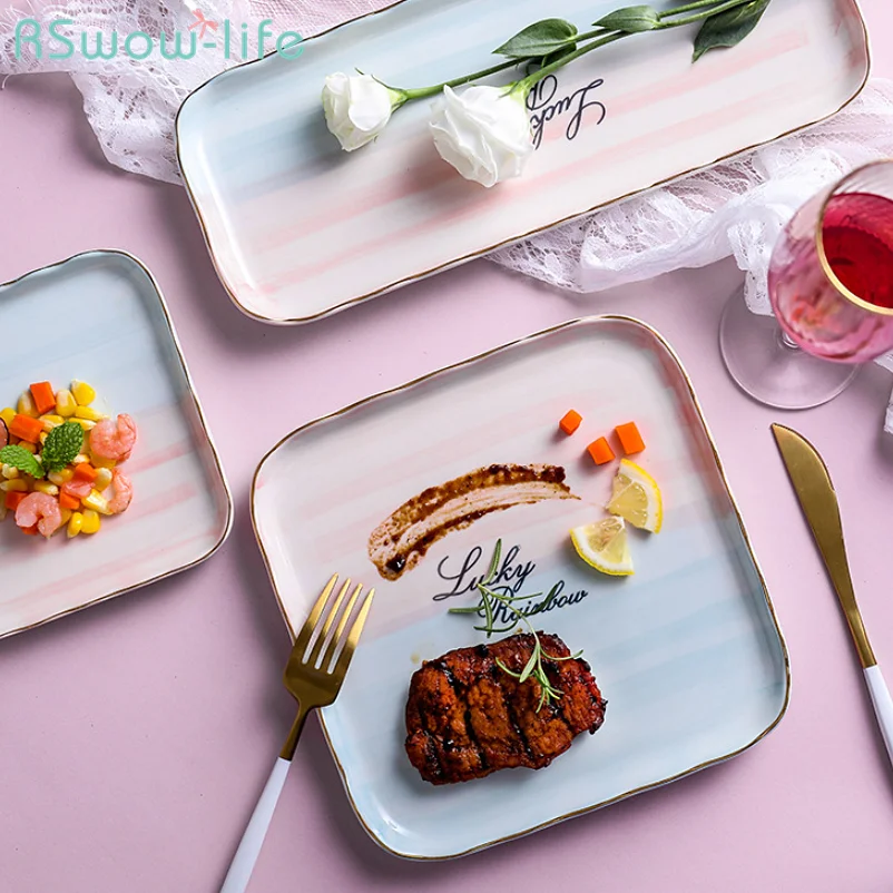 

Creative Nordic Style Ceramic Tableware Domestic Dish Steak Plate Square Strip Western Dishes Pasta Dessert Serving Platter