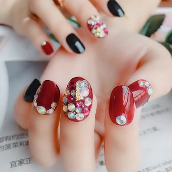 

New 24pcs/box with glue Colorful Diamond Jump Color Artificial Nail Tips Deep Wine Red Short Full cover fake nails with designs