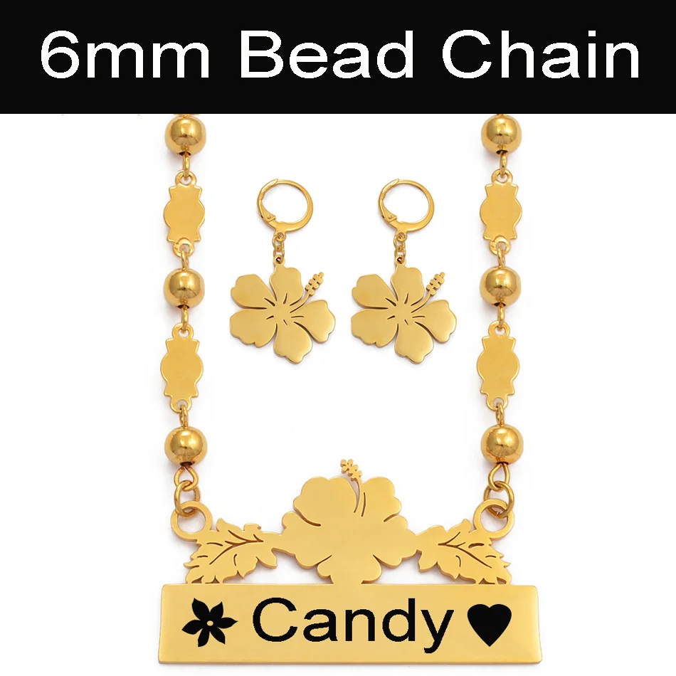 Anniyo, заказное имя, ожерелье, серьги, Микронезия, Гуам, гавайский цветок, ювелирные наборы для печати букв, подарок на день рождения#116621 - Окраска металла: With 6mm Beads Chain