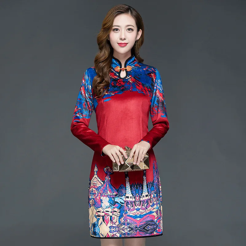 

Spring And Autumn New Style Middle-aged Mom Long Sleeve Printed Cheongsam Skirt 40-Year-Old 45 Mid-length Gold Velvet Dress