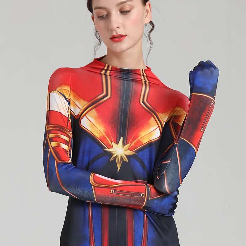 Удивлены капитан, для косплея Костюмы фильм Marvel Косплэй s костюм комбинезоны Марвел Капитан Девушка Для женщин Одежда для представлений