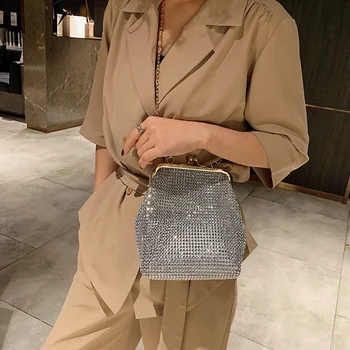 

FGGS-Full Diamond Silver Bags for Women Shoulder Bags Lady Wedding Party Clutch Evening Bag Golden Chain Crossbody Bags