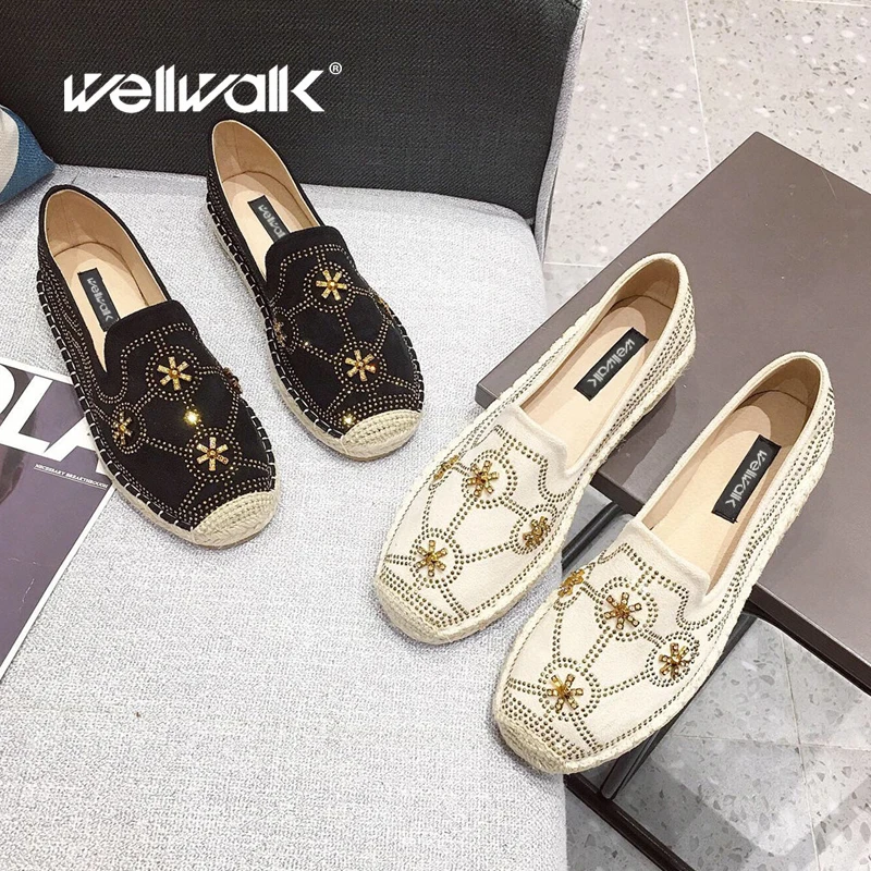 

Suede Espadrilles Women Flat Shoes Rhinestone Decoration Loafers Female Spring Summer Hemp Rode Shoe Woman Lady Casual Moccasins