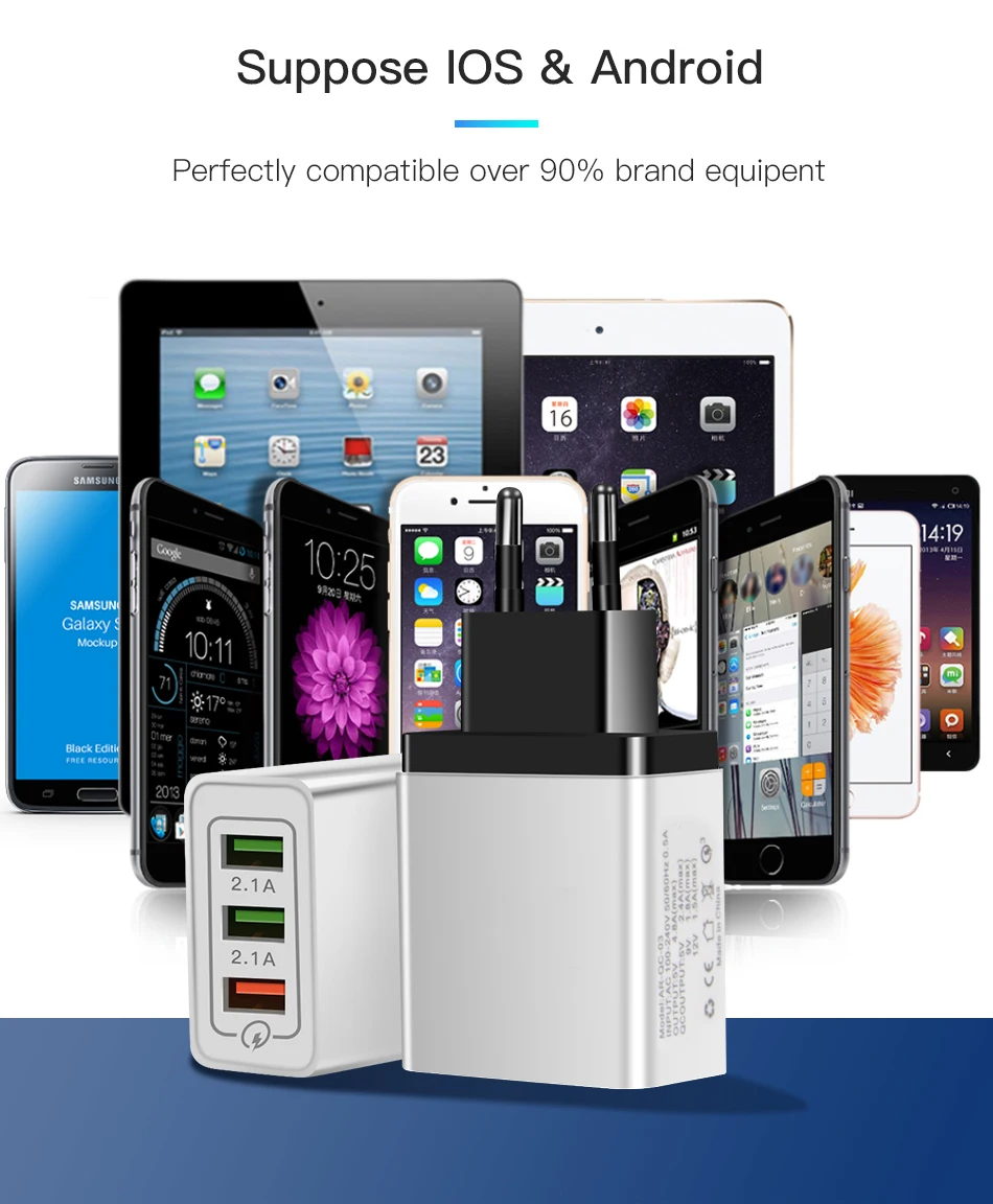 !ACCEZZ Universal 18W Quick Charge 3.0 Charger Adapter For iphone Samsung s7 s10 plus Travel Wall Charging 3usb EU Plug Charger (10)