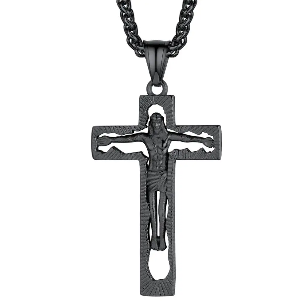 U7 Crucifix INRI Cross Pendant with 24" Chain Christian Jewelry Stainless Steel Hip Hop Gold Jesus Necklace for Men Women P1049 - Metal color: Black