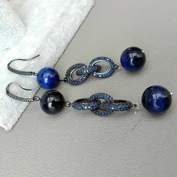 

Round Blue Tiger's Eye Colbalt Cubic Zirconia pave Ring Hook Earrings