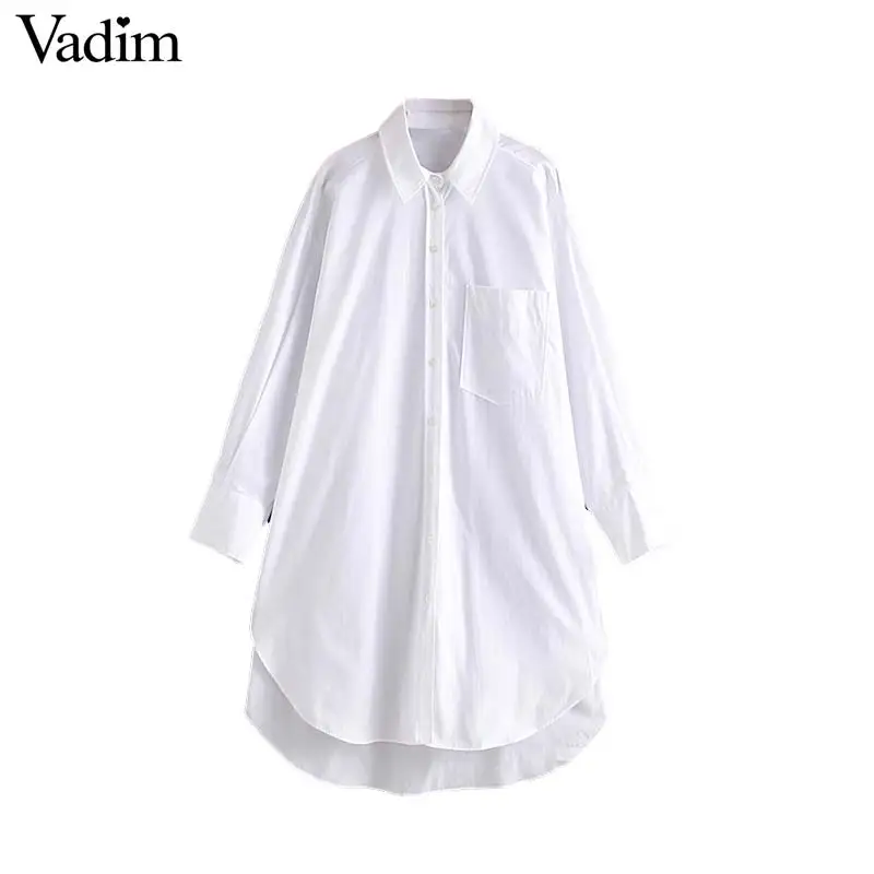 Vadim women chic oversized long style white blouse sleeve pocket irregular shirt female stylish loose tops blusas LB787 | Женская одежда
