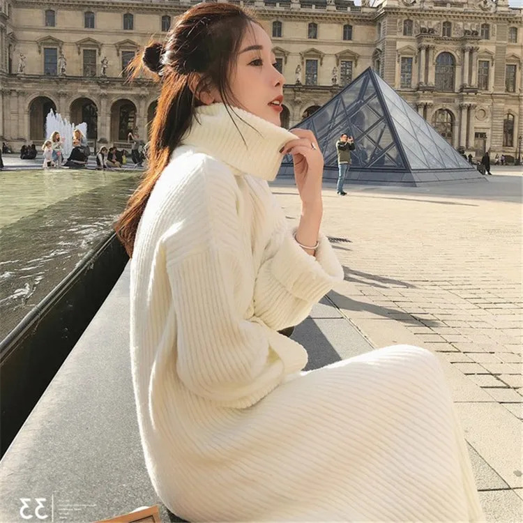 

Chifirena Korean Style Black White Sweater Dress Women Basic Midi Knitted Warm Dresses Sexy Slim Turtleneck Neck Winter Vestidos