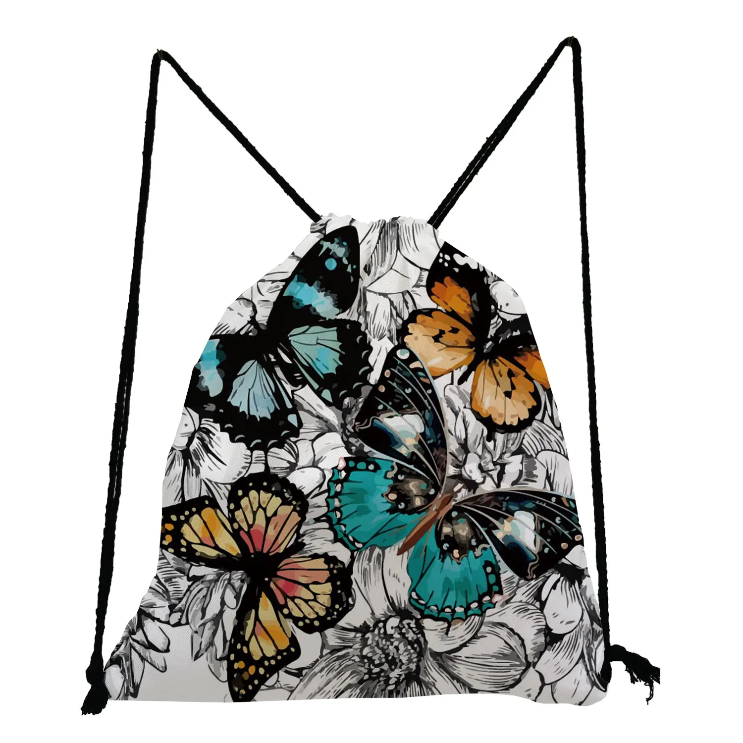 Black Floral Butterfly Print Backpack Beautiful Drawstring Bags Fashion Travel Bag Large Capacity Shoe Bag to School Storage Bag