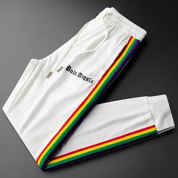 

Simple casual pants men's summer thin section rainbow side stripe sports trousers tied feet men's pants tide school pants