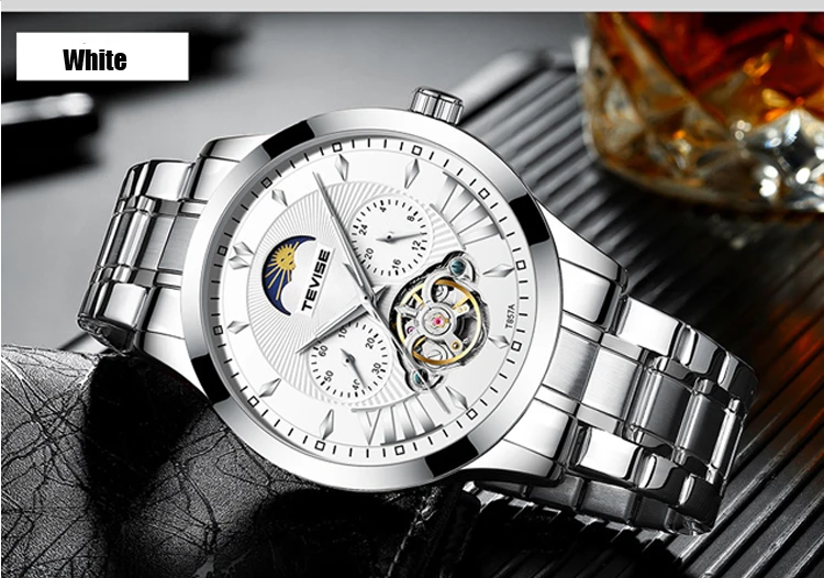 TEVISE Топ бренд класса люкс automatic Tourbillon Мужские механические часы модный стальной ремень Moon Phase светящиеся водонепроницаемые часы