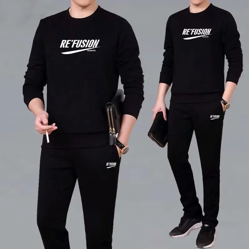 

The Fashion Social Square 2020 of the Hoodie Men's Autumn Fat Crew Neck Sweatshirt Two-Piece Set Slim Fit Black Suit Popular Bra