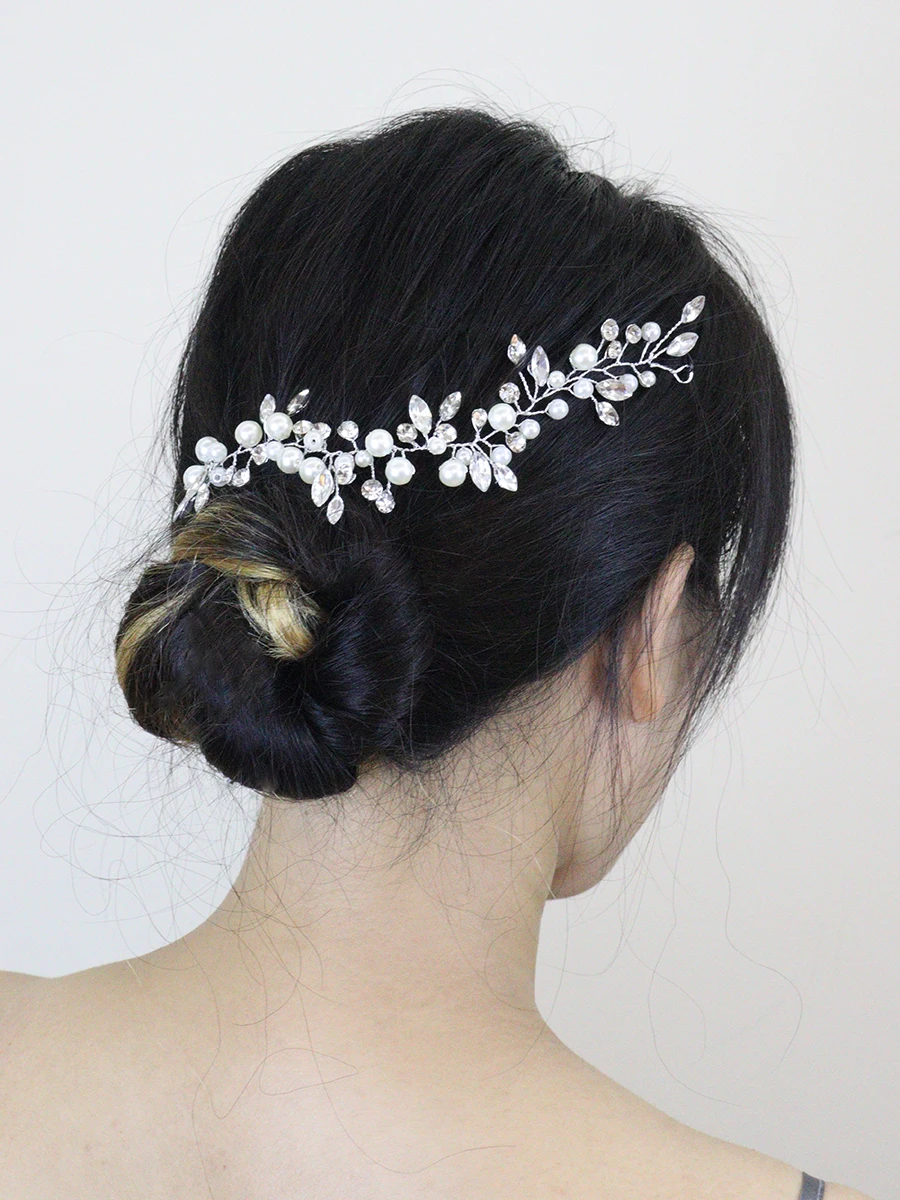 Shiny Silver Pearls Bridal Hair Accessories Rhinestones Women Headpieces Handmade Bride Headdress Weddings Headbands Hair Vine