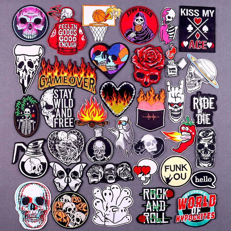 Flame Game Over Embroidered Patches For Clothing Thermoadhesive Patches  Punk Skull Stickers Iron On Patches On