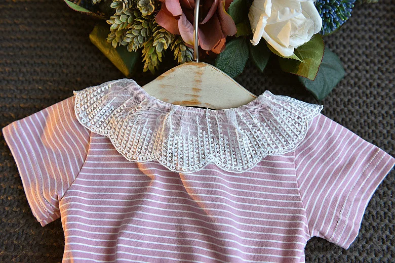 Sodawn Summer Baby Girl Clothes Kids Dress Lace Children Dress Collar Stripe Mesh Princess Party Girl Dress