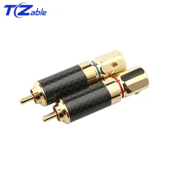 

2pc HiFi RCA Connector Male Speaker Plug Gold Plated Splice Adapter Carbon Fiber Copper Speakers Terminal RCA Plugs 10mm Wire OD