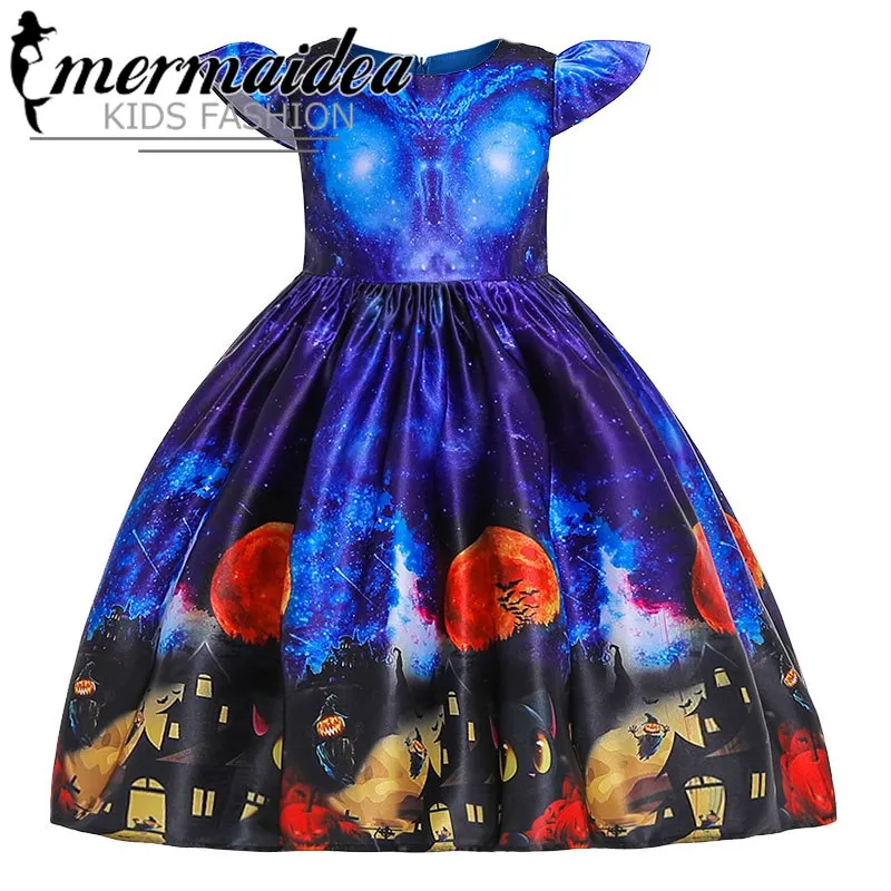 blue Черное платье для маленьких девочек, одежда костюм для Хэллоуина с изображением тыквы и призрака, Детские платья для девочек кружевное праздничное платье принцессы подарок на возраст от 2 до 10 лет - Цвет: blue