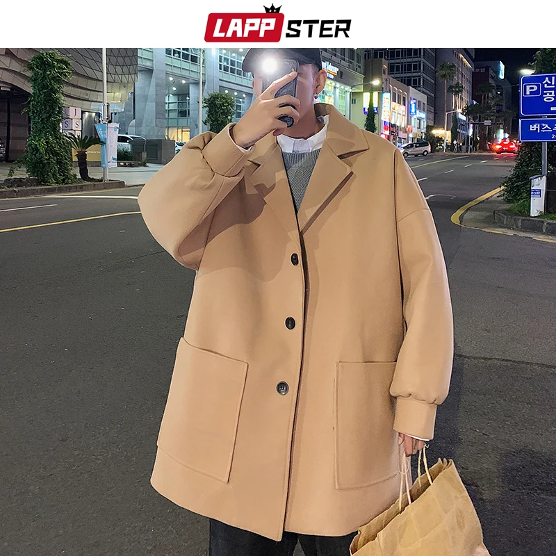 

Men Korean Fashions Wool Trench Coat 2019 Overcoat Mens Japanese Streetwear Winter Coat Harajuku Khaki Jackets Coats
