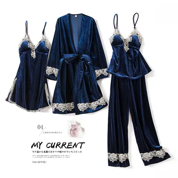 

Autumn New Velvet Kimono Robe Gown 4PCS Velour Sleepwear Intimate Lingerie Lace Bride Bridesmaid WEDDING Dressing Set Nightwear