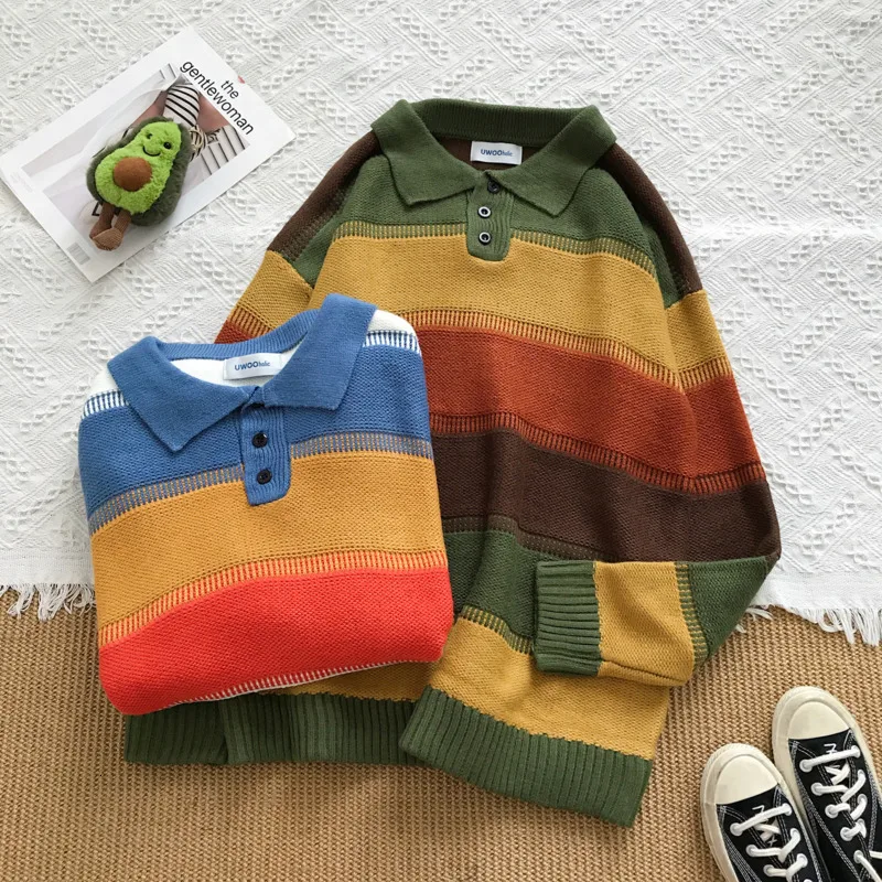 Winter Sweater Men's Warm Fashion Contrast Color Casual Knit Striped Lapel Pullover Man Wild Loose Long-sleeved Sweater Men Winter Sweater Men's Warm Fashion Contrast Color Casual Knit Striped Lapel Pullover Man Wild Loose Long-sleeved Sweater Men