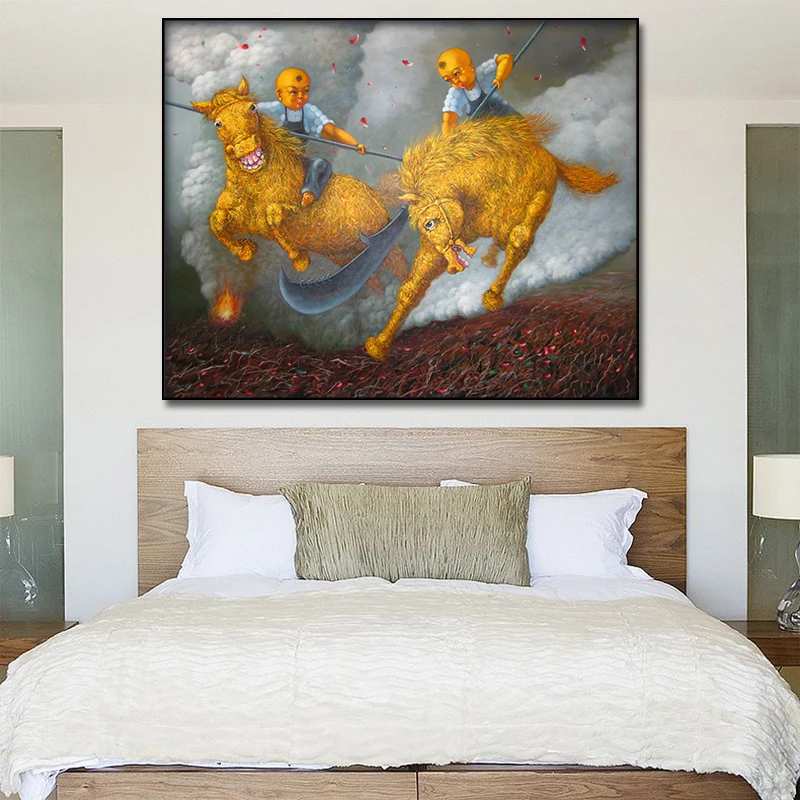 

Cartoon Cute Boy Fighting on War Horse Canvas Posters Wall Art Print Modern Painting Nordic Bedroom Home Decoration Picture