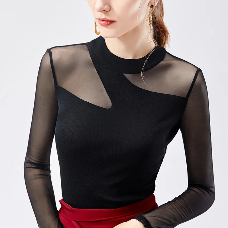 

Fall Winter Size S-3XL Women Full Sleeve Irregular Sexy Tee Shirts Lady High Quality Elastic Mesh Black T-shirts Tshirt Tops