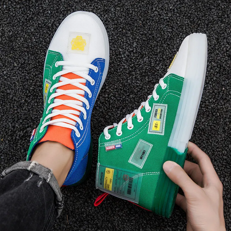 New Non-slip Transparent Rubber Sole Men Canvas Skateboard Shoes Espadrilles Yellow High top Men Canvas Sneakers zapatillas lona
