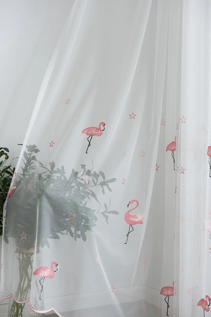 Занавеска с вышитым фламинго для детской комнаты, белый тюль для гостиной, Розовая Занавеска с фламинго для девочки,, WP238#30