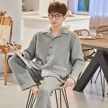 

Air Cotton Pajamas Men's Thickening and Velvet Men's Three-layer Thin Quilted Solid Color Home Service Pigiama Uomo Invernale